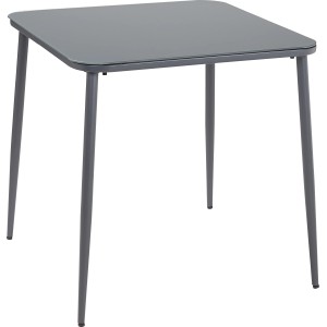 Szögletes, szürke Glenrio kerti asztal (73,5x73,5 cm) acélvázzal és üveglappal.