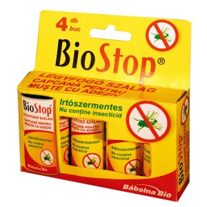 BioStop légyfogó, 4 darabos csomag, sárga csomagolás légy szimbólummal.