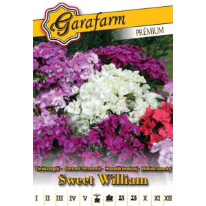 Szakállas szegfű (Sweet William) vetőmag csomag fehér, piros és lila virágokkal.