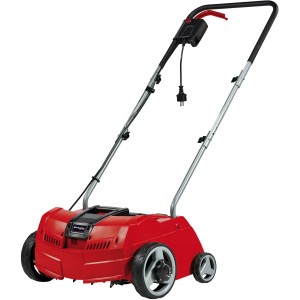 Einhell GC-ES 1231/1 elektromos gyepszellőztető piros színben, kerekekkel és ezüst fogantyúval.