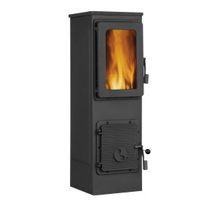 Fekete Firefix Vesuv Lux acél műhelykályha, 6 kW, betekintő ablakkal és lángokkal.
