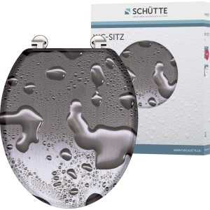 Schütte MDF WC-ülőke Grey Steel vízcsepp mintával és csomagolással.