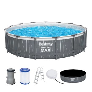 Bestway Steel Pro Max fémvázas medence szett létrával, szűrőszivattyúval és takaróval.