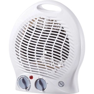 Fehér hősugárzó 2000 W, ventilációval, két forgatógombbal és fogantyúval. Kompakt elektromos fűtőberendezés.