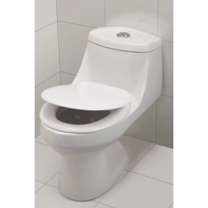 Fehér Xingu Duroplast WC-ülőke rozsdamentes acél zsanérokkal egy WC-n.