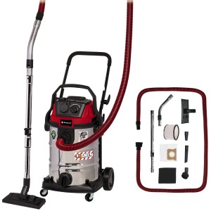 Einhell TE-VC 2230 SACL nedves-száraz porszívó tartozékokkal, rozsdamentes acél tartállyal és piros tömlővel.