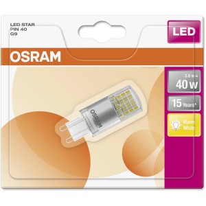Osram LED-PIN G9 izzó, 3,8W, meleg fehér, csomagoláson. Kompakt LED lámpa G9 foglalathoz.