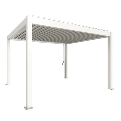 Fehér Biohort pergola 4 x 3,5 m lamellás tetővel teraszra és kertbe.
