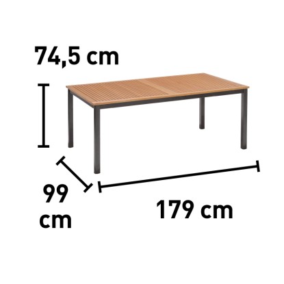 A Bonlee téglalap alakú FSC® fa kerti asztal méretei: 180 x 100 cm.