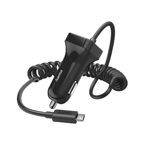 Fekete Hama autós töltő USB-C csatlakozóval és spirálkábellel.