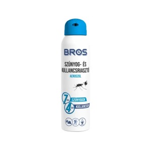 BROS szúnyog- és kullancsriasztó spray, aeroszol, fehér flakon kék kupakkal.