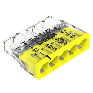Wago kötődoboz-csatlakozó, 5 pólusú, sárga, 0,5-2,5 mm² vezetékekhez.