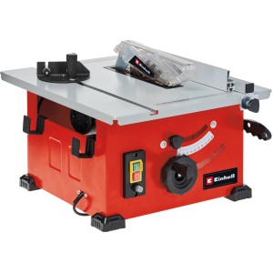 Einhell TC-TS 210 asztali körfűrész: Kompakt piros asztali fűrész szürke asztallal és átlátszó fűrészlapvédővel.
