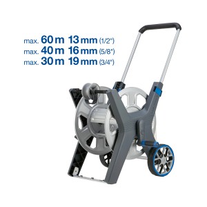LUX-TOOLS Professional fém tömlőkocsi, szürke-kék, nagy dobbal és kerekekkel. Kerti tömlőkhöz max. 60m-ig.