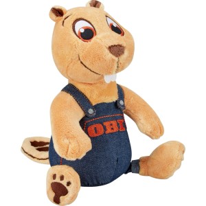 OBI Hód plüssfigura, narancssárga, kék farmer overállban és OBI logóval. Puha dekorációs figura gyerekeknek.