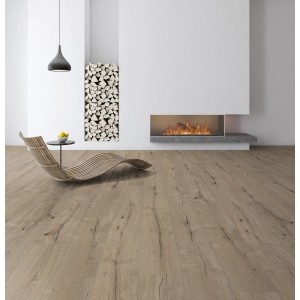 Kaindl Masterfloor Life 8,5 mm Vízálló Eiche Bristol laminált padló egy modern nappaliban.