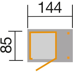 Vázlat a Weka 14 mm-es teraszszekrényről lejtős tetővel, méretek 142x85 cm.