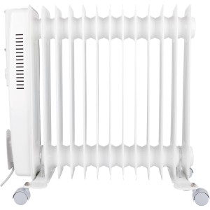 Fehér Aulum olajradiátor 13 bordával, 2500 W, kerekekkel a könnyű szállításhoz.