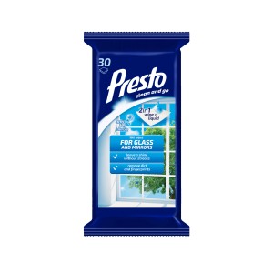 Presto nedves törlőkendő üveghez és tükörhöz, 30 darab, csíkmentes tisztításhoz.