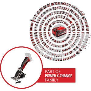 Einhell Power X-Change akkus mini kézi körfűrész TE-CS 18/89 Li Solo, a Power X-Change család tagja.