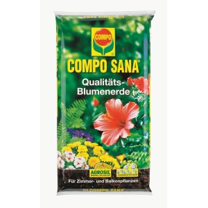 Zsák Compo Sana minőségi virágföld 50L virágmintával szobanövényekhez, balkon- és kerti növényekhez.