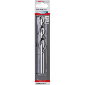 Bosch HSS PointTeQ 12 mm-es csigafúró csomagolásban, fúrókészletekhez alkalmas.