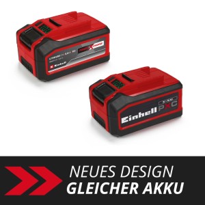 Két piros Einhell 18V 5-8Ah Multi-Ah PXC Plus akkumulátor elektromos szerszámokhoz digitális kijelzővel.