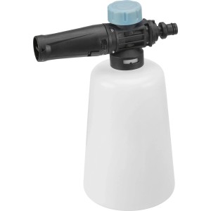 Szappanflakon HD-170/498 magasnyomású mosóhoz, fehér tartály fekete fúvókával és kék kupakkal.