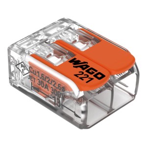 Wago 221-612 típusú, 2 pólusú, 0,5-6 mm² vezetékhez való emelőkaros kötőelem, 5 darabos.