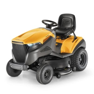 Sárga t.b.t. fűnyíró traktor.