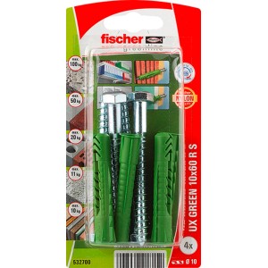 Fischer UX Green tiplik 10x60 RS, 4 darabos csomag. Univerzális tipli különböző építőanyagokhoz.