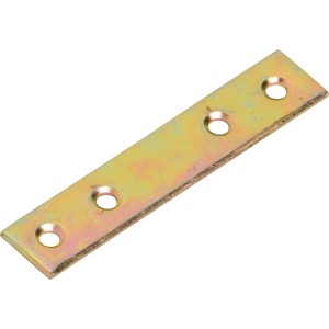 Sárga horganyzott lapos összekötő, 75x15 mm, négy rögzítő furattal.