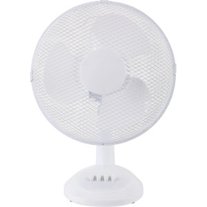 Fehér CMI asztali ventilátor, Ø 30 cm, védőráccsal és három rotorlappal.