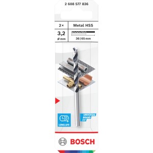 Bosch fémfúró készlet, 2 darabos, 3,2 mm átmérő, HSS acél, hengeres szár.