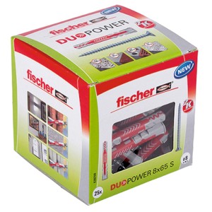 Fischer DuoPower 8x65 tiplik csavarokkal, 25 darabos csomag dobozban.