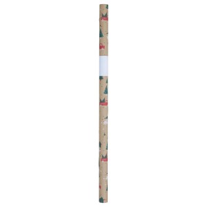 Csomagolópapír tekercs 70x200cm, barna, karácsonyi mintával: piros autók, zöld fák. Ajándékokhoz & kézműveskedéshez.
