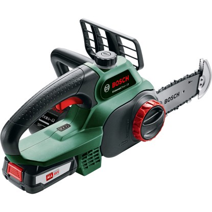 Bosch UniversalChain 18V akkus láncfűrész akkumulátorral, zöld/fekete, kerti munkákhoz.