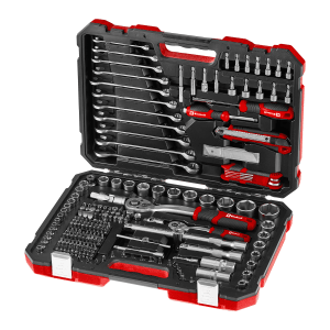 Nyitott Einhell mechanikus szerszámkészlet, 233 darabos. Szerszámkészlet csavarkulcsokkal, bitekkel, racsnis hajtókarokkal és tartozékokkal.