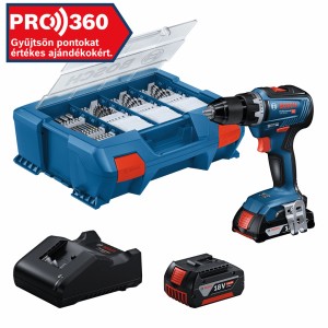 Bosch Professional GSR 18V-55 akkus fúrócsavarozó készlet akkumulátorokkal, töltővel, L-Case-zel és 100 részes tartozékkészlettel.