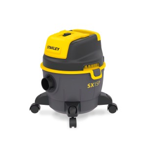 Stanley SX15P nedves-száraz porszívó, szürke/sárga, kerekekkel.