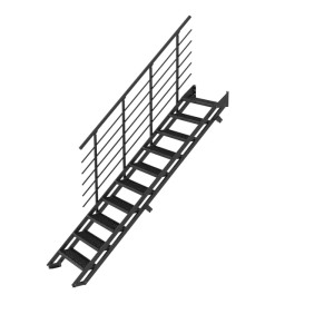 Minka Flex Grid fekete kültéri lépcső, horganyzott fémből, 10 csúszásmentes rácsos fokkal és korláttal.
