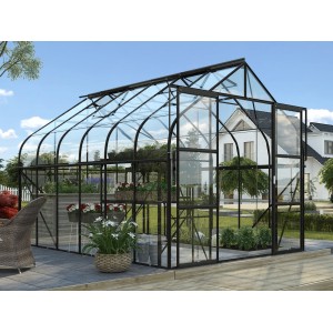 Fekete Vitavia Diana 9900 ESG üvegház üveggel és növényekkel a kertben.