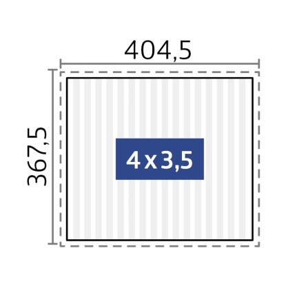A fehér színű, 4 x 3,5 m-es Biohort pergola vázlata méretekkel.