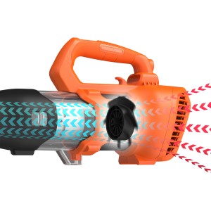 Black+Decker BEBL185 elektromos lombfúvó, 1850 W, axiális ventilátor légáramlás illusztrációval.