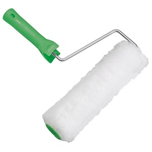 Vestanroller 25 cm: Festőhenger fehér huzattal és zöld fogantyúval, sima felületekhez.