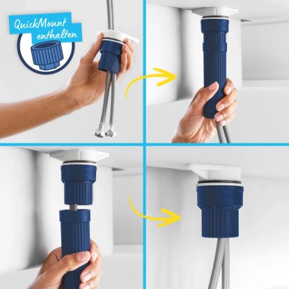 A fekete Grohe QuickFix konyhai csaptelep szerelése QuickMount rendszerrel.
