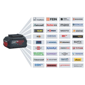 Fekete Bosch Professional GBA 18V/5Ah akkumulátor piros díszítéssel, kompatibilis AMP Share márkák logóival körülvéve.