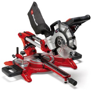 Einhell TC-SM 2131/1 Dual húzós-ferde vágófűrész, piros/ezüst, forgácsgyűjtő zsák és lézeres vágásvonal.
