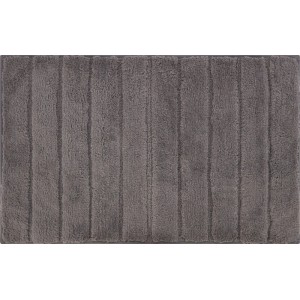 Sötétszürke fürdőszobaszőnyeg 50x80 cm függőleges csíkokkal. Téglalap alakú poliészter.