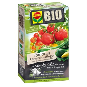 Compo Bio Tartós hatású paradicsomtrágya gyapjúval, 750g-os csomag az egészséges paradicsomokért és zöldségekért.